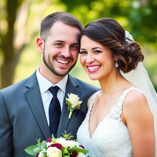 Fotografia de casamento ao ar livre com noivos sorrindo