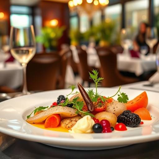 Fotografia de pratos de comida gourmet em um restaurante elegante, com foco na apresentação e nos ingredientes frescos.
