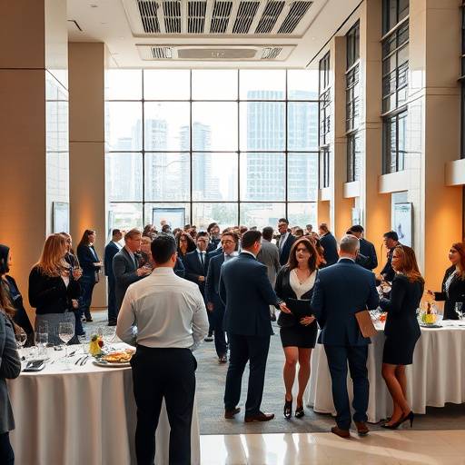 Fotografia de um evento corporativo com pessoas interagindo em um ambiente elegante e moderno.