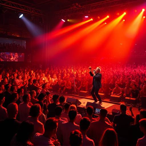 Fotografia de um show musical ao vivo com o artista no palco e a plateia vibrante.