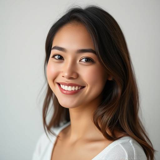 Retrato de uma jovem mulher sorrindo suavemente em um estúdio com iluminação profissional.